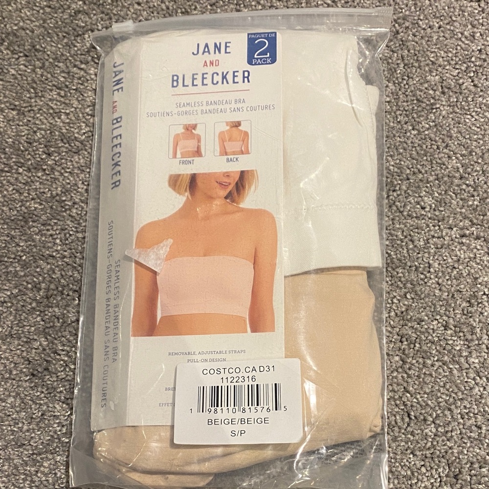 Jane and Bleecker Seamless Bandeau Bra 2-Pack - White and Beige small new in pac